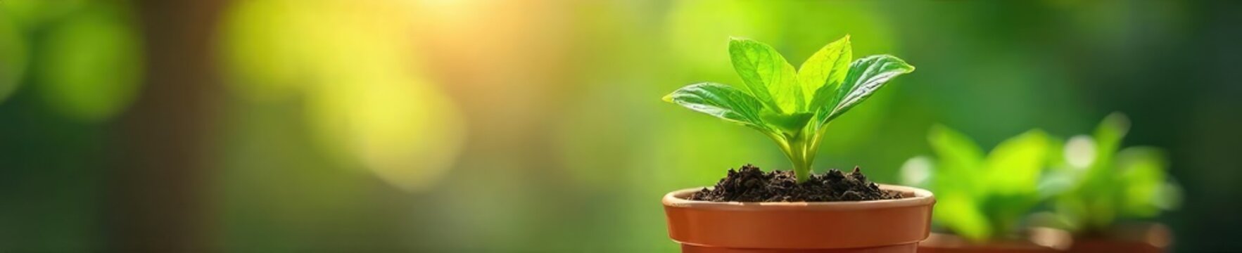 Fototapeta A vibrant green potted plant thrives in a terracotta pot, its lush leaves reaching towards the sunlight Perfect for home decor, gardening, and springtime themes , sunlight, leaves, healthy