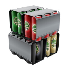Metal beer cans in a 6 pack package on transparent background. 3D illustration