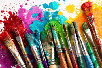 Fototapeta premium A collection of artist brushes with colorful paint splashes on white paper, showcasing creativity and artistry.