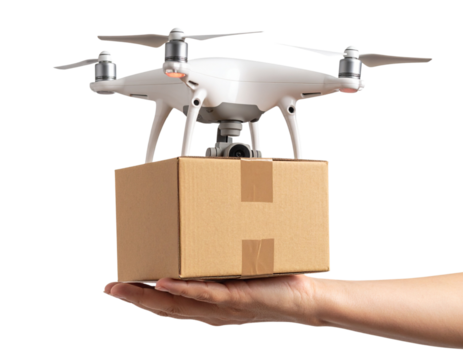 Courier Drone Landing on Hand with Small Package – Isolated On Transparent background.