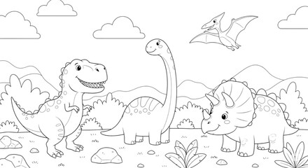 Obraz premium Cute Dinosaur Coloring Page for Kids – Fun Prehistoric Animals Drawing