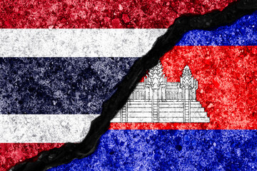 Wall crack separate between Thailand flag and Cambodia flag for government conflict from border of both countries concept.