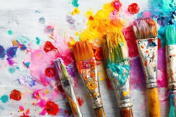 Fototapeta premium A collection of artist brushes with colorful paint splashes on a clean white background, perfect for creative projects and artistic concepts.