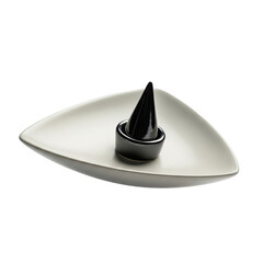 Fototapeta premium Floating ceramic triangle dish with ring cone in center on solid white background