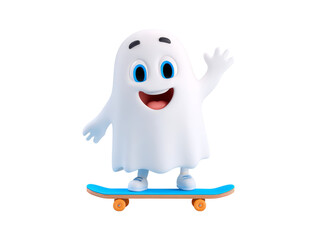 Happy ghost skateboarding cartoon character halloween fun, Isolated On White, Png Transparent