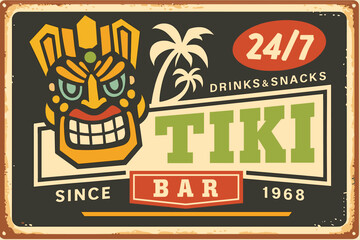 Tiki Bar Sign Design with Native Mask and Palm Trees, Tropical Beach Poster in Retro Style