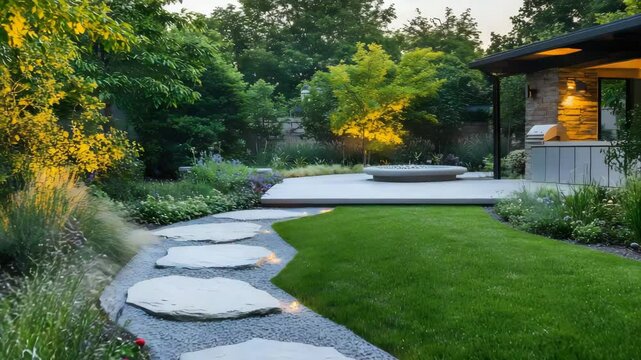 Backyard with sculptural stone path, low maintenance plants, indirect lighting and serene space design