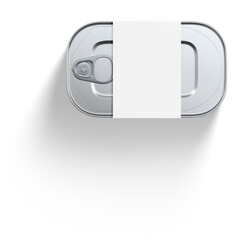 A top view of a metal can with a pull tab, partially covered by a blank label, suggesting it is...