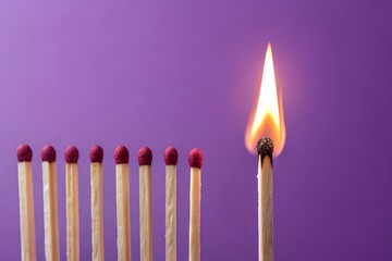 Dynamic arrangement of ten matchsticks on a vivid purple background, showcasing one lit match contrasted against nine unlit counterparts