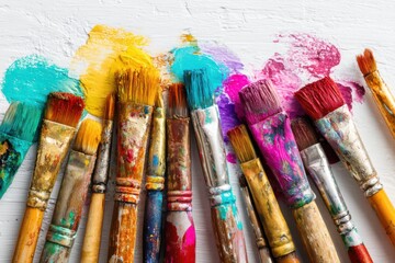 Obraz premium A group of colorful paint brushes with vibrant paint splashes on white paper, creating a creative and artistic scene.