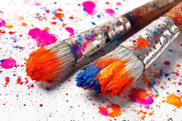 Obraz premium Two artist brushes with colorful paint splashes on a white paper. The paint on the brushes creates a vibrant and artistic scene.