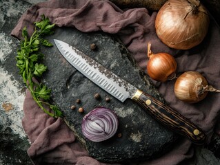 Onion and knife is laying on lovely black stone .