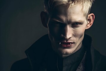 Fototapeta premium A haunting vampire exudes allure and mischief beneath shadowy elegance.