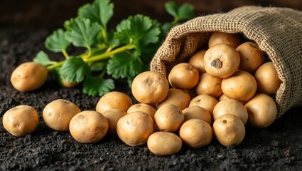 Rustic burlap sack filled with unpeeled potatoes spilling onto dark soil, soft-focus green leaves in background, warm natural lighting highlights texture.

