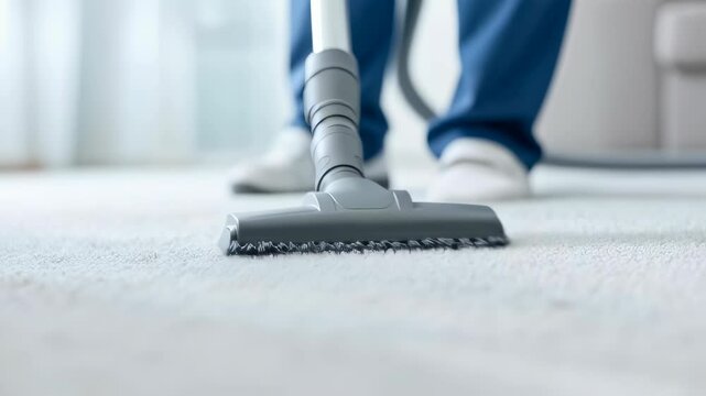 Person vacuuming light gray carpet in living room interior. Home cleaning service and housekeeping concept. Modern domestic maintenance with copy space for text
