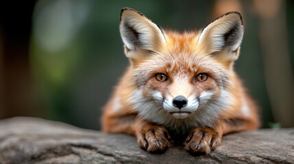 Fototapeta premium A striking fox lies gracefully on a log, with its piercing eyes and lush fur, showcasing the beauty of wildlife in a natural setting, evoking a sense of curiosity and admiration.