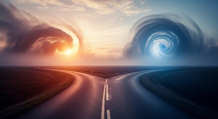 Naklejka premium Fork in Road with Swirling Clouds in Orange and Blue Sky
