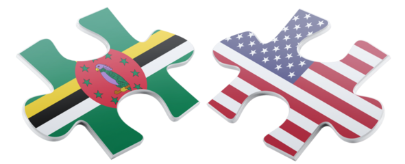 Two puzzle pieces featuring the flags of Dominica and the United States are juxtaposed, illustrating partnership, collaboration, or diplomatic relations in a symbolic design.