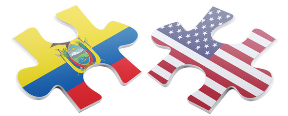 Two puzzle pieces, each adorned with the respective flags of Ecuador and the United States, symbolize a connection or collaboration between the two nations in a modern style.