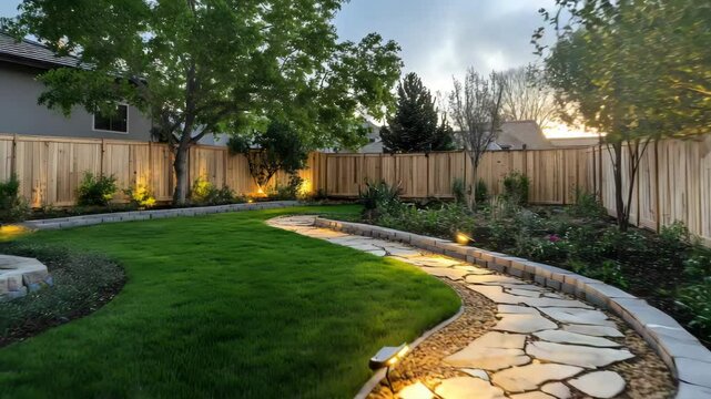 Backyard with sunken stone path, natural wood fencing, grass edging and simple evening mood lighting