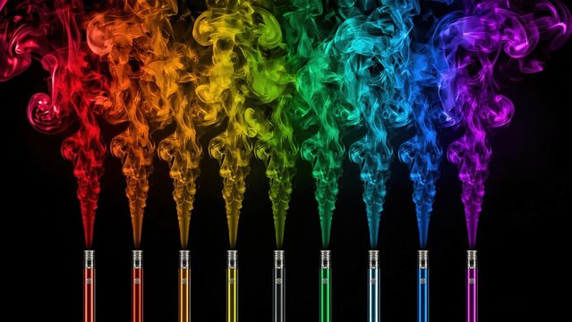 Colorful digital art of six metallic vape pens in a row on black background, each emitting vivid smoke in red, orange, yellow, green, blue, and purple. Bright, modern, symmetrical layout.

