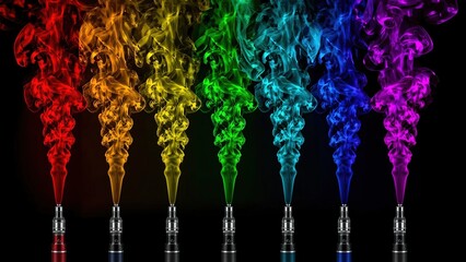 Colorful digital art of six metallic vape pens in a row on black background, each emitting vivid smoke in red, orange, yellow, green, blue, and purple. Bright, modern, symmetrical layout.

