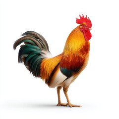 Fototapeta premium A majestic rooster, vibrant plumage of orange, red, and green, stands proudly, showcasing its striking features against a clean background. 