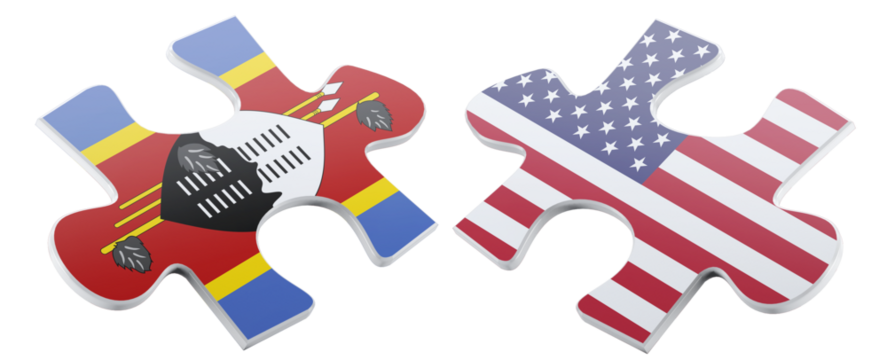 Eswatini and the USA are depicted as puzzle pieces, illustrating the concept of international relations, political partnership, and unity between the two nations.
