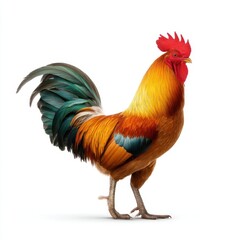 Fototapeta premium Proud rooster with vibrant plumage displaying its striking features against a blank canvas, standing tall with an air of confidence.