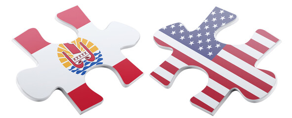 A symbolic representation shows puzzle pieces of the flags from French Polynesia and the United States in 3D rendering, illustrating connection and partnership.