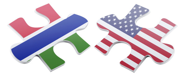 Two puzzle pieces, one depicting the flag of the Gambia and the other showing the American flag,...