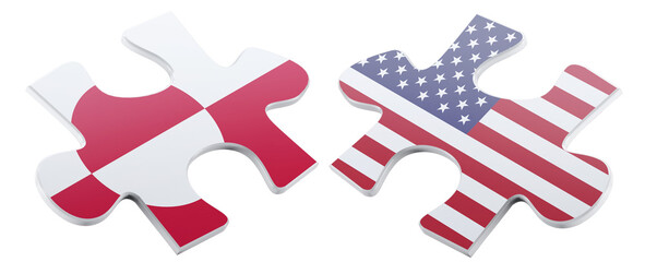 Conceptual illustration showcasing two puzzle pieces featuring the Greenlandic and American flags, symbolizing connection and cooperation on a stark black background with