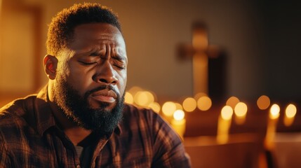 A contemplative man closes his eyes in prayer inside a church, surrounded by soft candlelight that enhances the serene atmosphere and evokes deep emotions of reflection and spirituality.