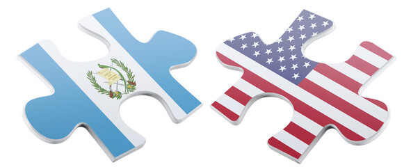 Guatemala and USA partnership shown with interlocking puzzle pieces, symbolizing collaboration, alliance, and the connection between nations, with a clean, digital style.