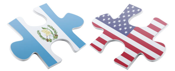 Guatemala and USA partnership shown with interlocking puzzle pieces, symbolizing collaboration, alliance, and the connection between nations, with a clean, digital style.