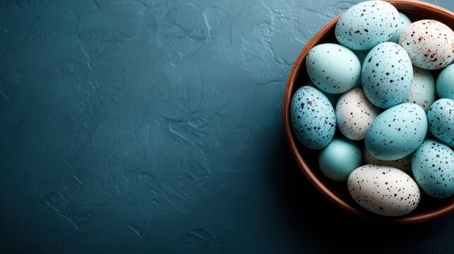 A stunning collection of speckled eggs showcased in a rustic bowl, creating an appealing visual that symbolizes new beginnings and the beauty of nature in a unique setting.