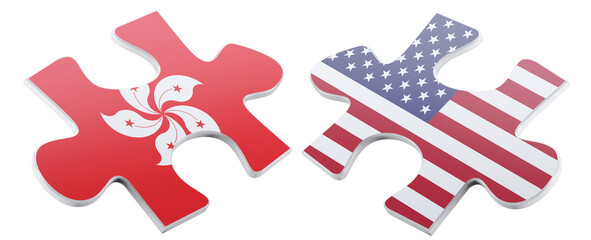 Symbolic rendering of Hong Kong and the United States depicted as two puzzle pieces, reflecting a concept of partnership, connection, or the alignment of distinct entities.