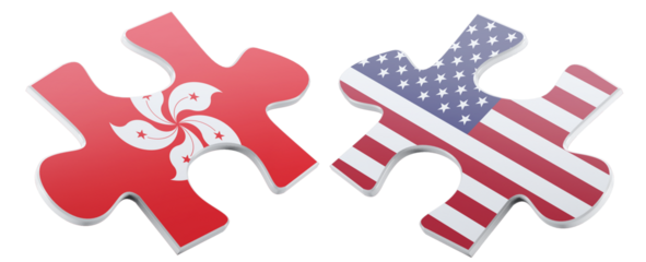 Symbolic rendering of Hong Kong and the United States depicted as two puzzle pieces, reflecting a concept of partnership, connection, or the alignment of distinct entities.