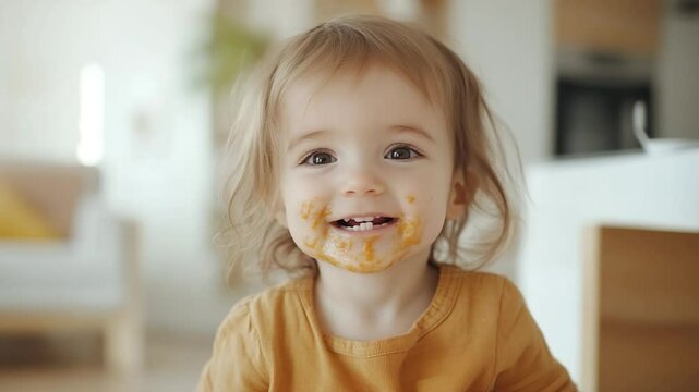 Happy toddler with messy face after eating smiling at camera closeup portrait