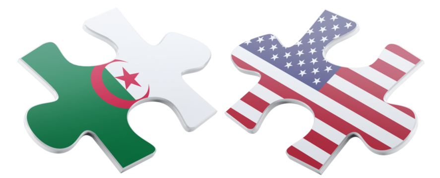 Two jigsaw puzzle pieces, one displaying the flag of Algeria and the other showcasing the USA flag, symbolizing connection and possible international cooperation. - Powered by Adobe