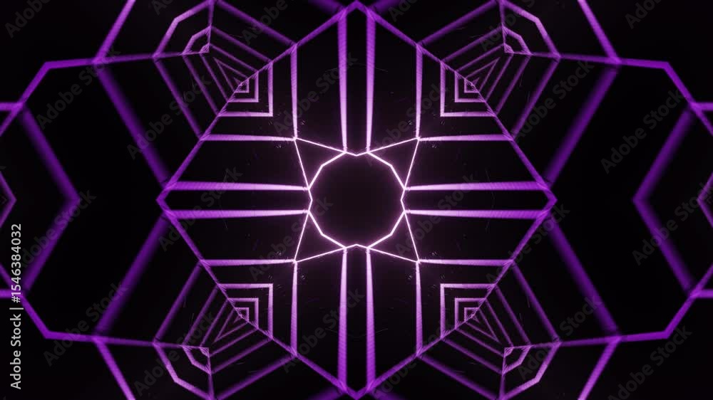 Poster symmetrical neon kaleidoscope lines motion loop. seamless loop of neon glowing lines forming kaleido