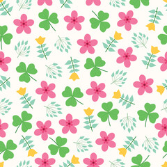 Lucky clover leaves and pink flowers seamless surface pattern design