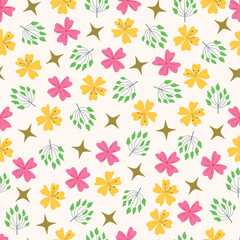 Pastel flowers seamless pattern. Floral vector surface design of Scandinavian flowers, leaves and stars