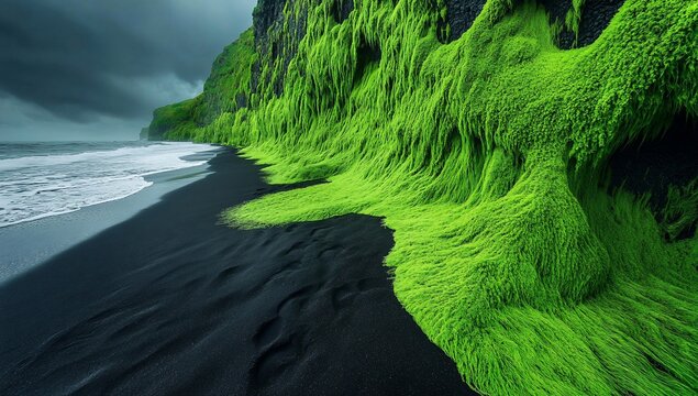 Iceland black sand beach with green moss covered cliffs. Dramatic sky and waves.  Suitable for travel, nature, or environmental themed projects