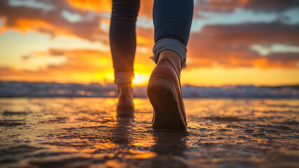 Woman on sandy beach at sunset, serenity concept.
