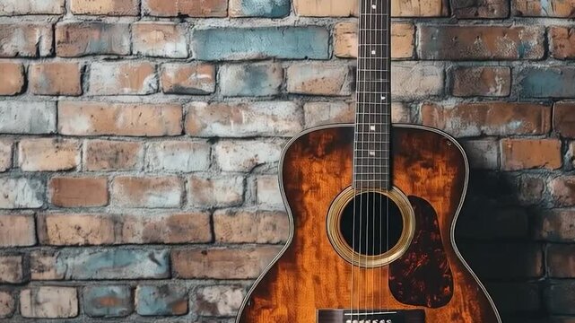 Acoustic guitar against a brick wall