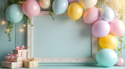 Pastel balloons and gifts with blank frame for birthday or party