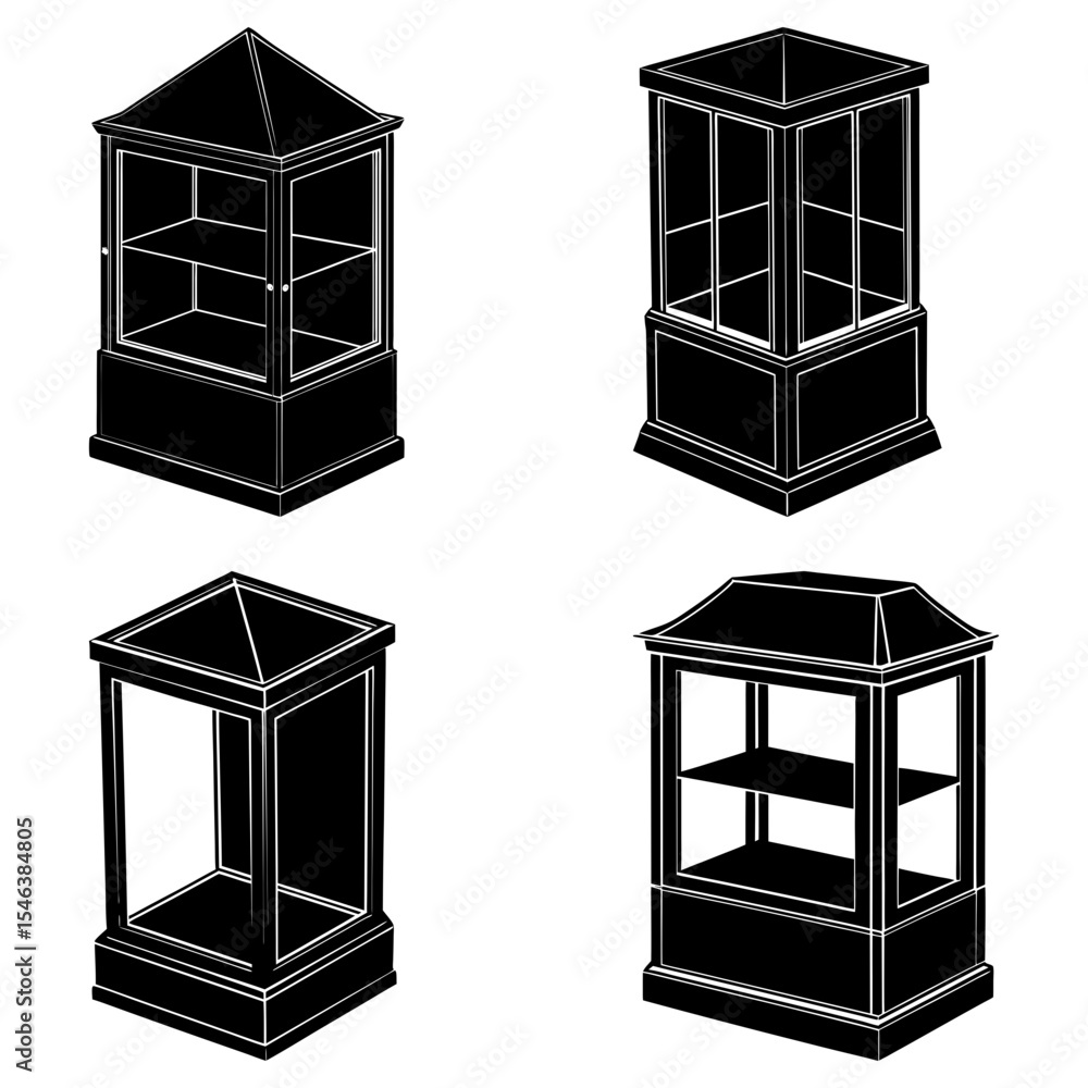 Aufkleber four black display cases with varying designs and shelf configurations on a white background display