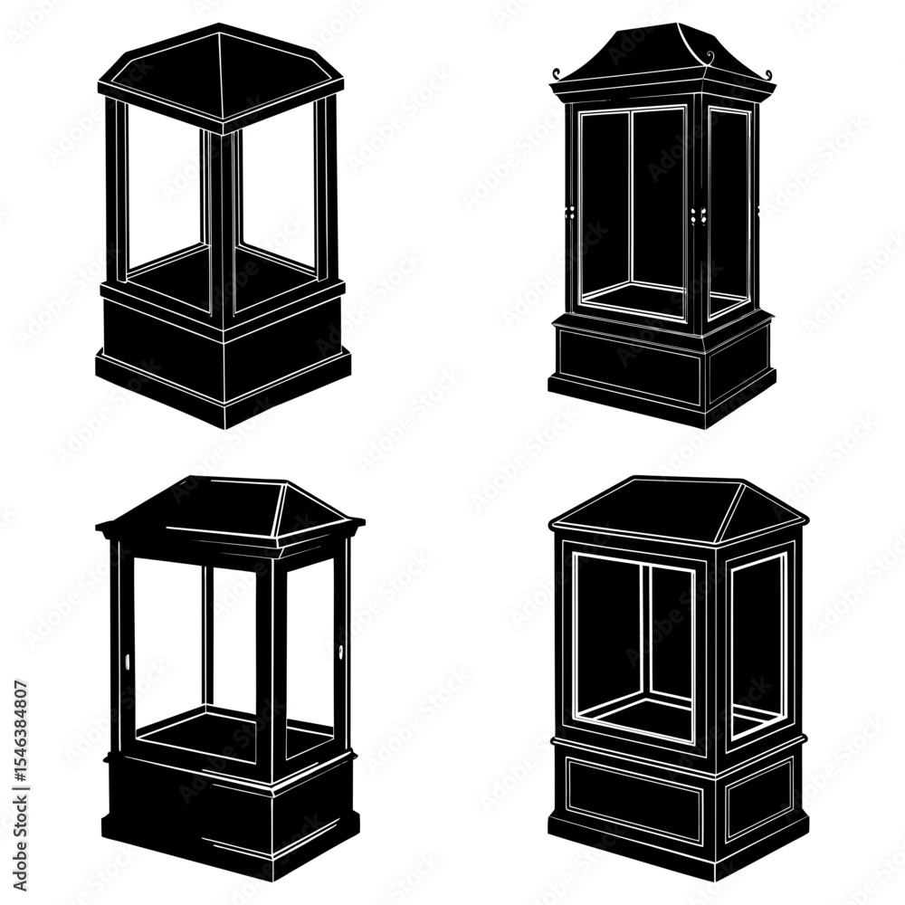 Aufkleber four black and white display cases with different designs in a symmetrical arrangement on a white ba