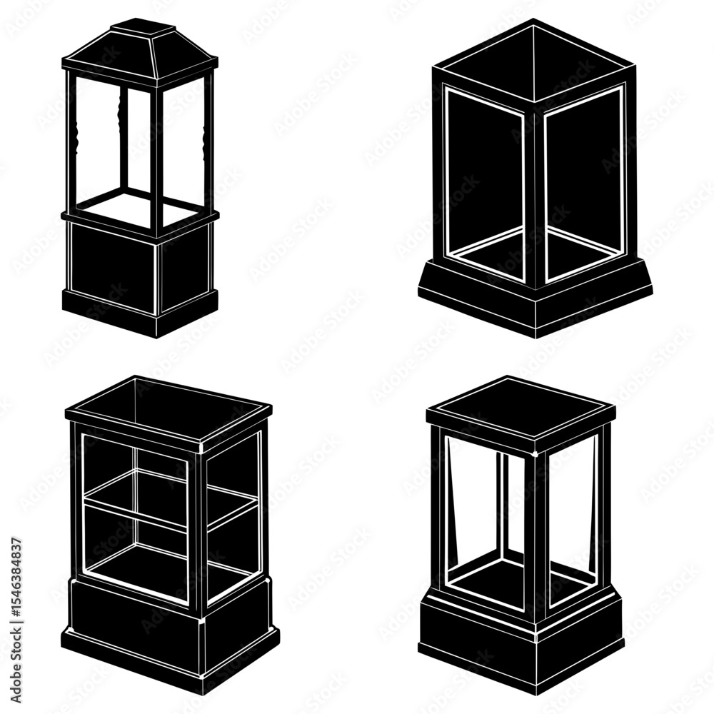 Aufkleber four black and white display cases with different designs and shapes on a white background showing d